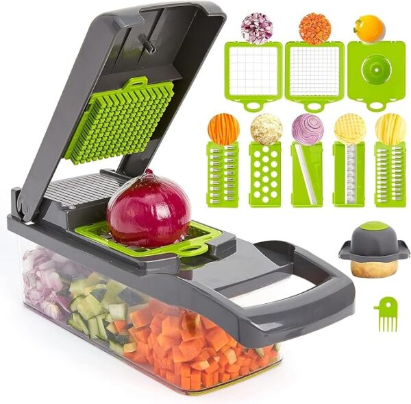 15-in-1 Vegetable Chopper Efficiently Slice and Dice Veggies with 8 Different Blades, Includes Onion Chopper, Spacious Design for Potatoes, Tomatoes, Cucumbers, and Carrots, User-Friendly Safe Design